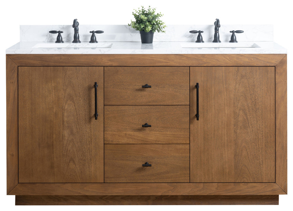 Vanity Art Bathroom Vanity With Sink, Tan, 60" Double, Arabescato White Engineered Marble Top