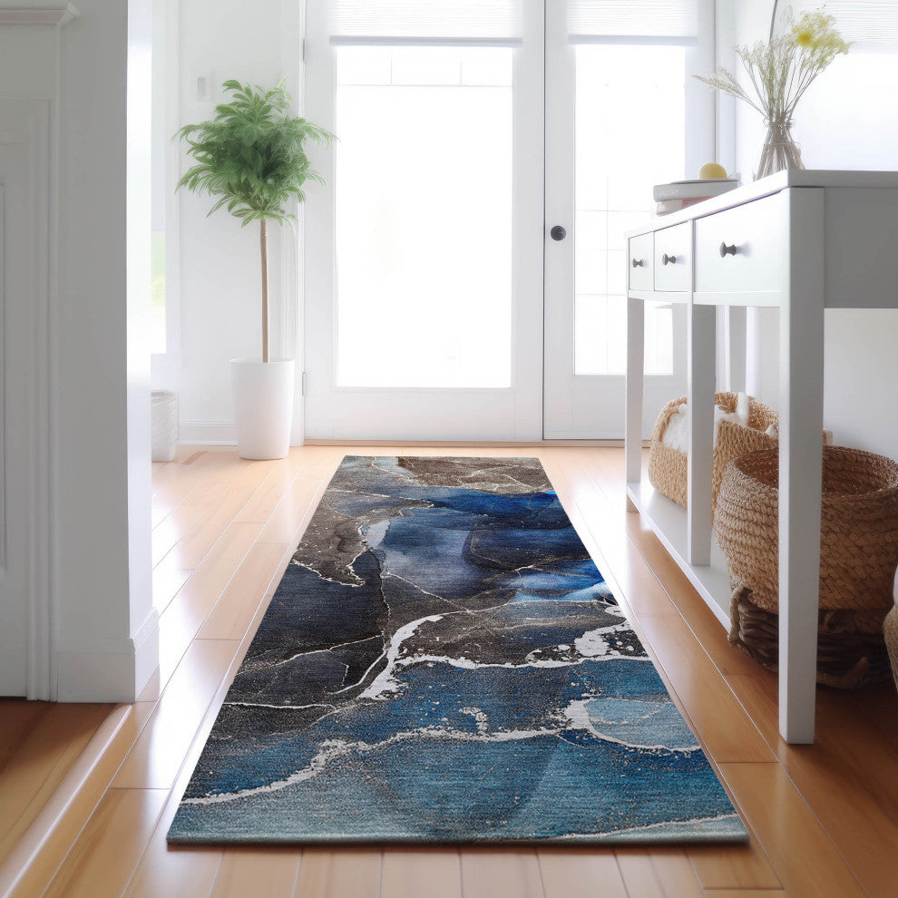 Premium Machine Washable Mayfield AMF503 Navy 2'3" x 7'6" Runner Rug