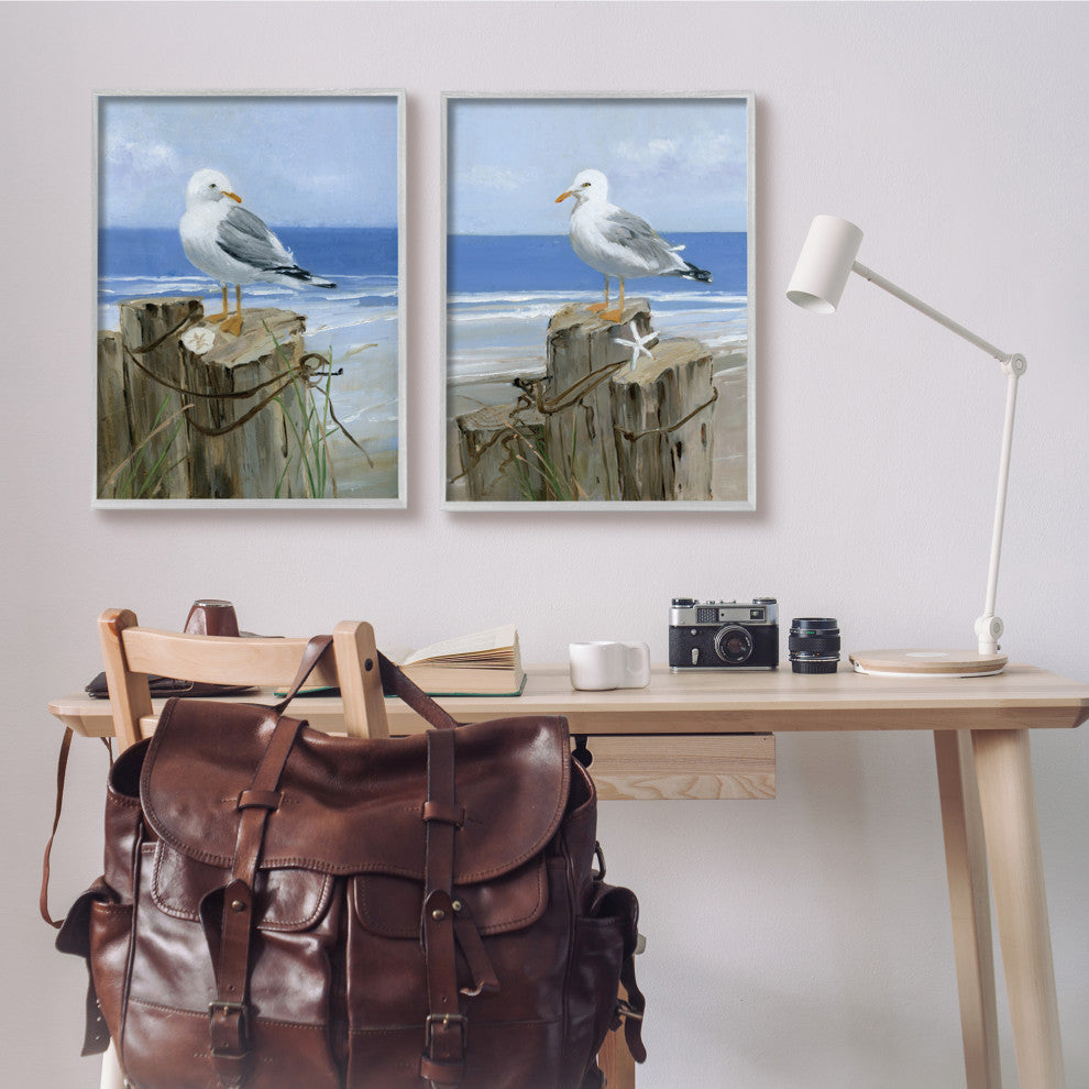 Seagulls Beach Shore Wooden Pillars Sanddollar Starfish Scene,24 x 30