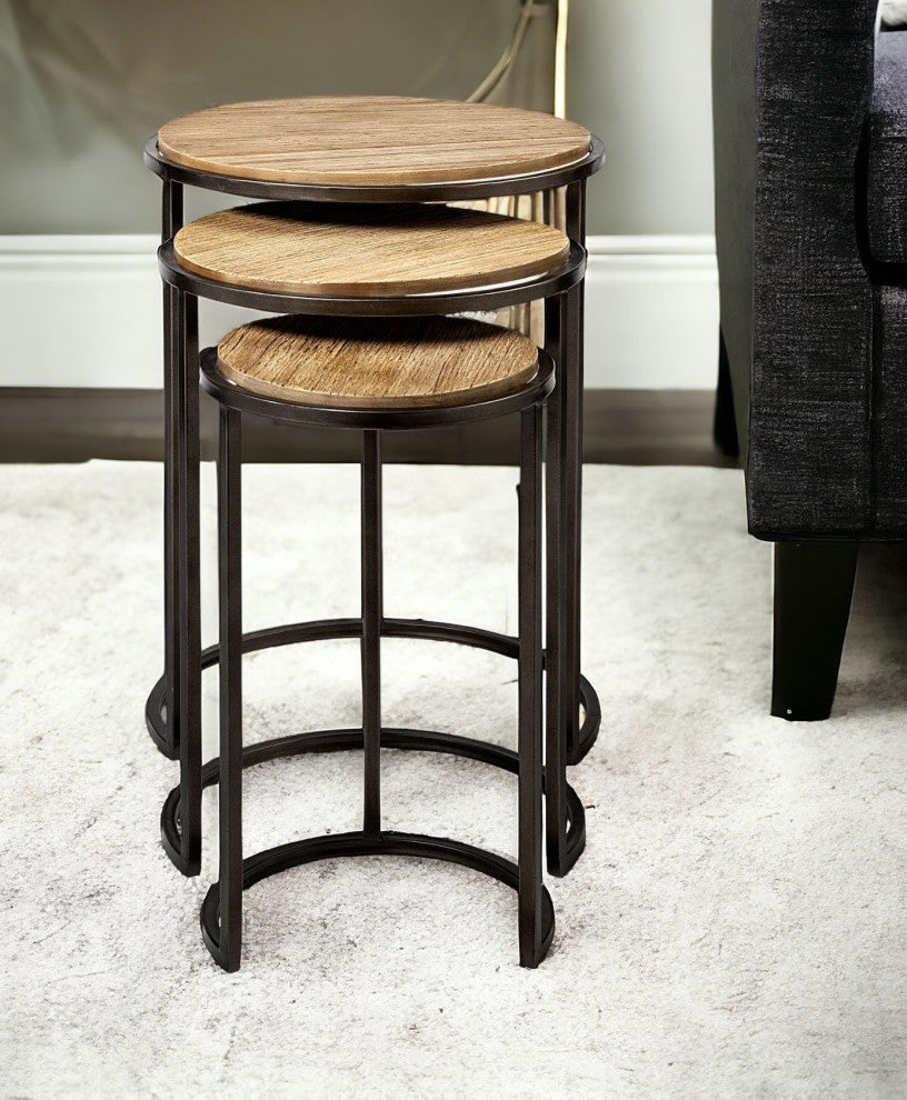 27" Black And Brown Solid Wood Round End Tables, 3-Piece Set