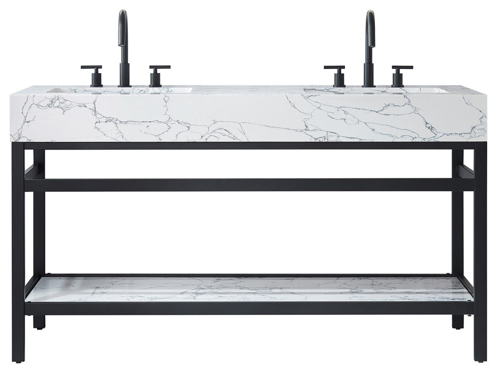 Ecija Bath Vanity, Metal Support with Stone Top, Matte Black, 60 in. Double Sink, No Mirror