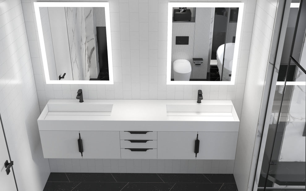 CastelloUSA Amazon 84" Wall Mounted Bathroom Vanity Set, White, White Top, Black Handles