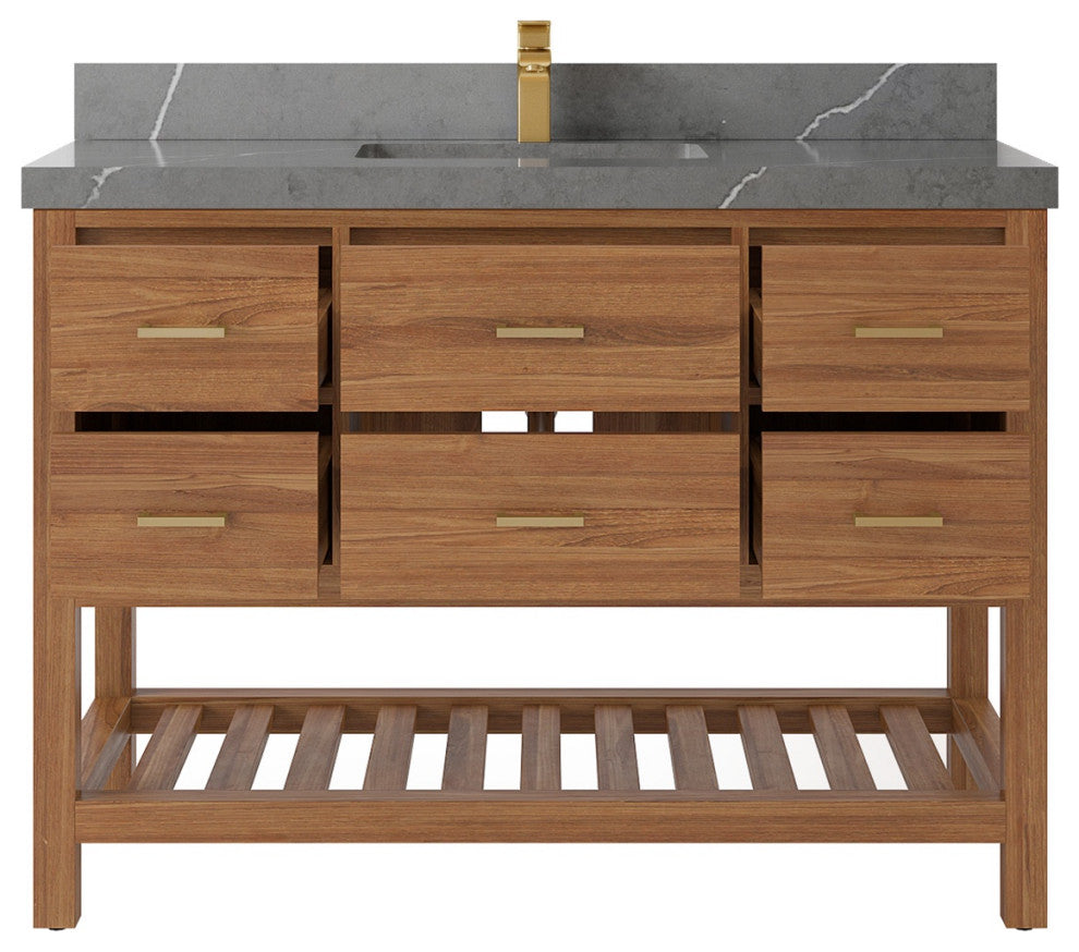Parker Teak 48" Single Sink Bath Vanity in Golden Teak  2" Piatra Gray