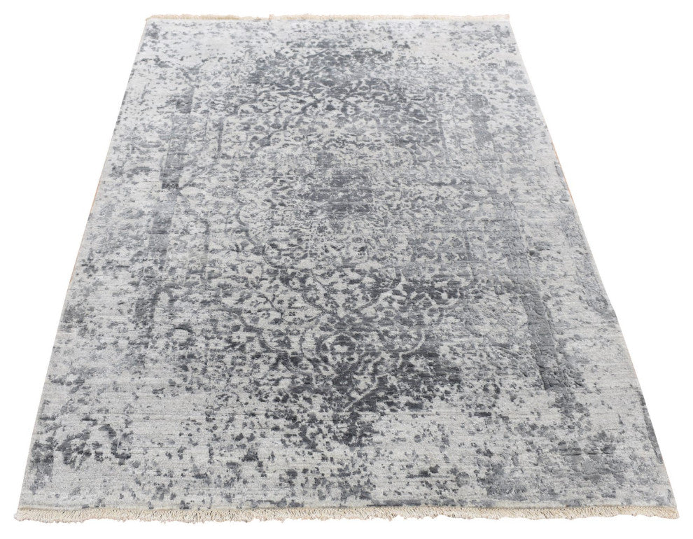 Carbon Gray Persian Design Wool and Silk Hand Knotted Oriental Rug, 4'1"x6'