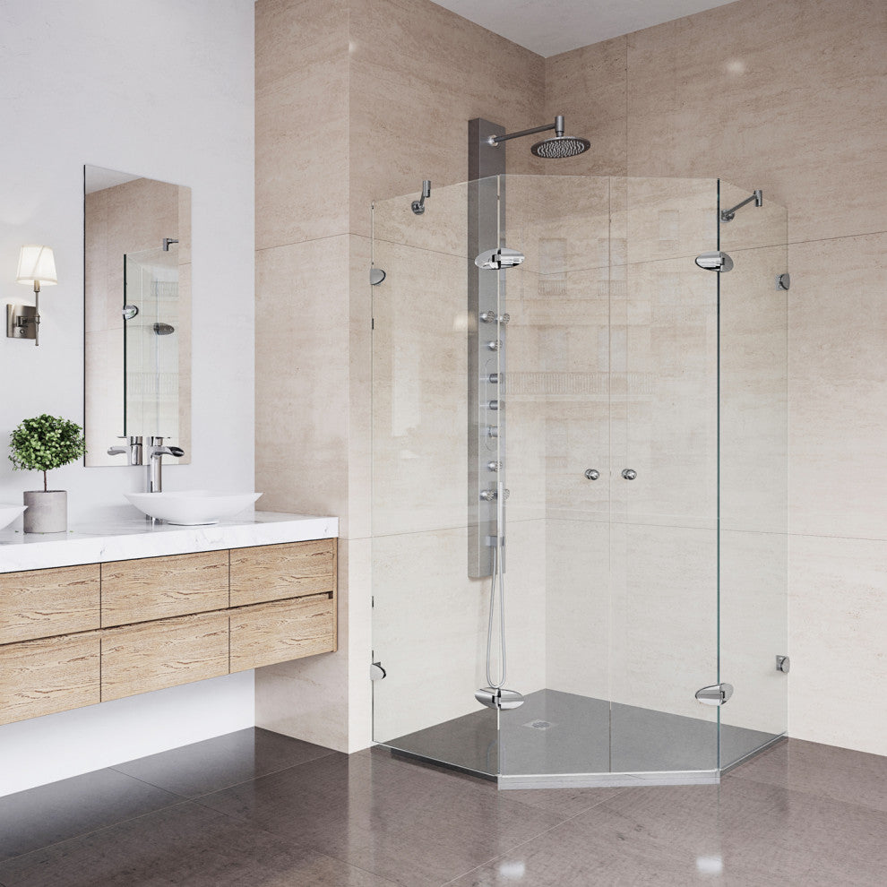 VIGO Gemini Frameless Hinged Neo-Angle Shower Enclosure, Chrome, 48" D X 47" W, Without Base