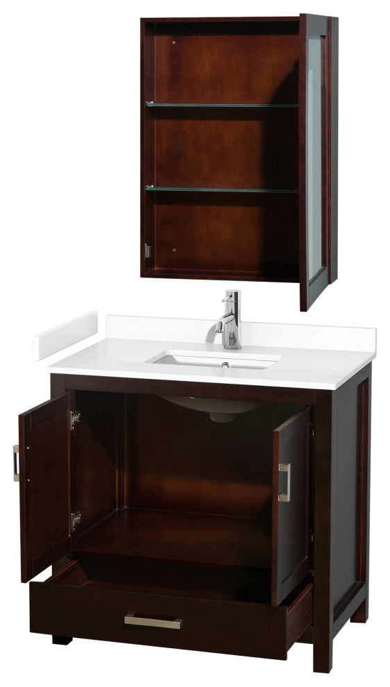 36"SGL Vanity Espresso, White Cult. Marble Countertop, Sink, Med. Cabinet