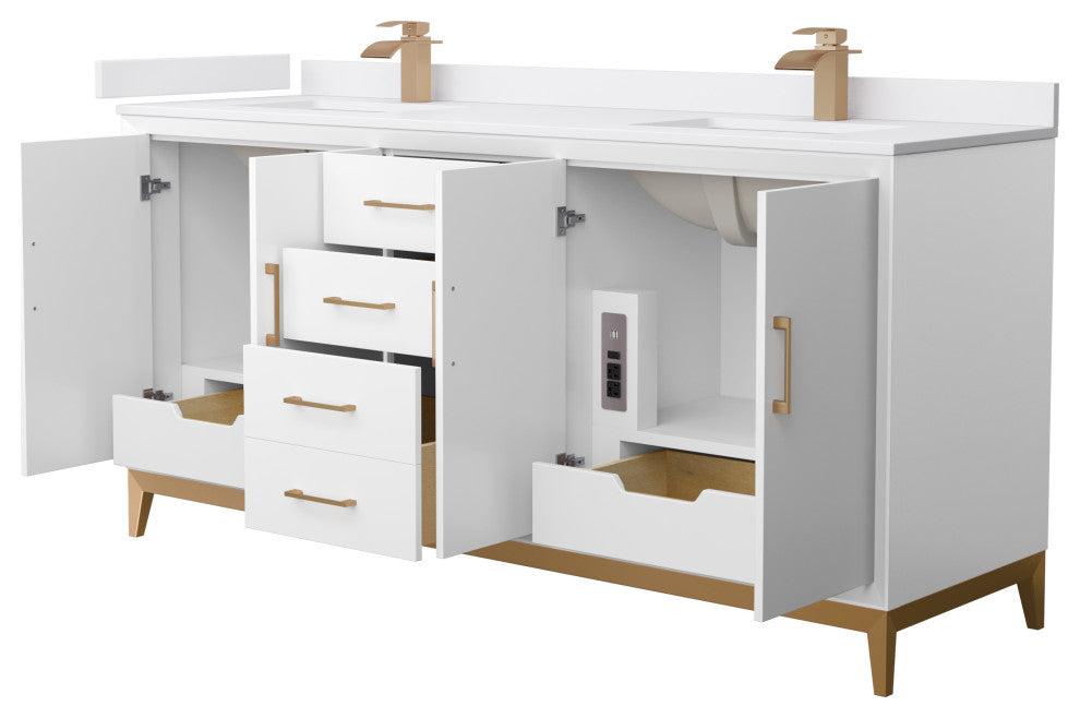 Amici 72" White Double Vanity, White Cultured Marble Top, Satin Bronze Trim