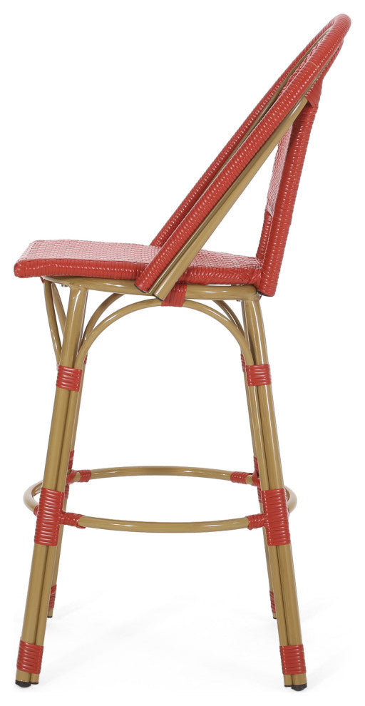 Cotterell Outdoor French Wicker and Aluminum 29.5" Barstools, Set of 4, Red/Bamboo Finish