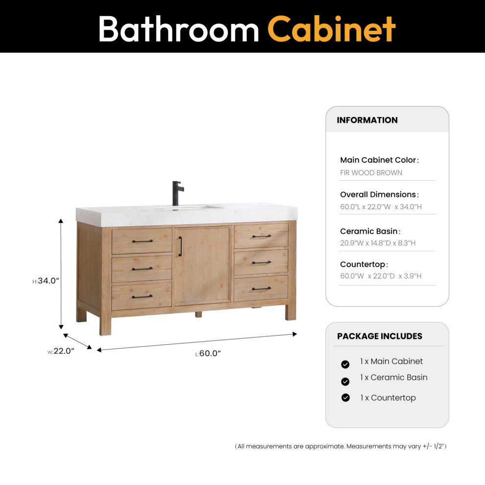 Leon Bath Vanity With Composite Stone Top, Fir Wood Brown, 60" Single Sink, No Mirror