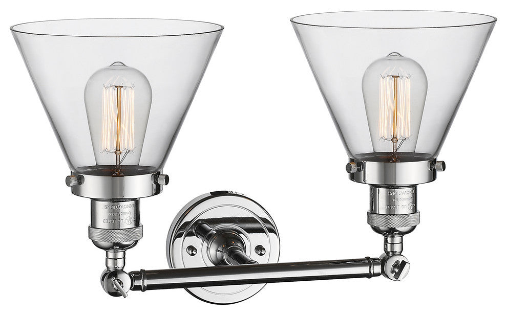 Large Cone 2-Light Bath Fixture, Clear Glass, Polished Chrome