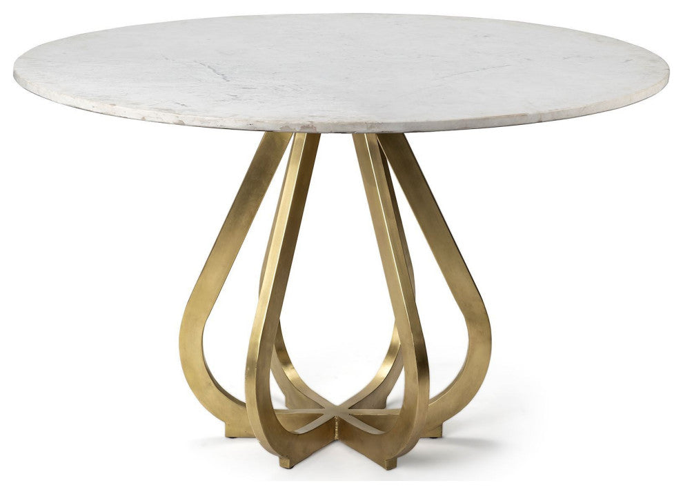 48" White And Gold Rounded Marble And Metal Pedestal Base Dining Table