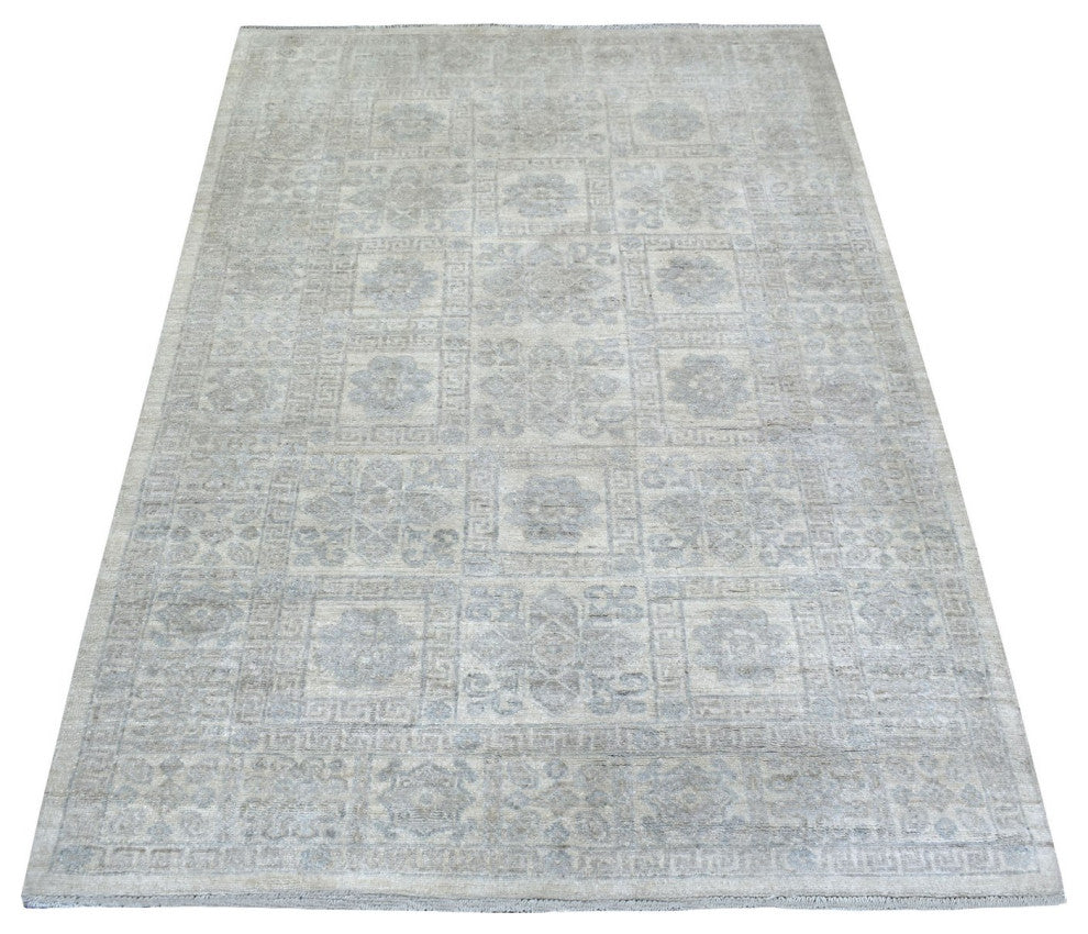 Ivory, White Wash Peshawar with Motifs, Soft Wool Hand Knotted Rug, 4'1" x 5'9"