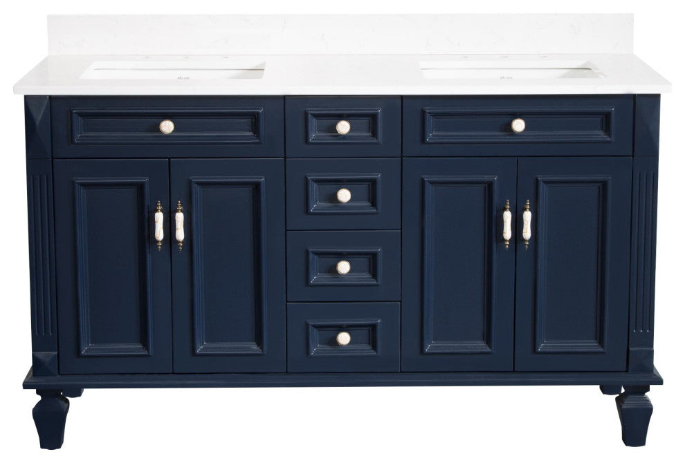 Solid Wood Bathroom Vanity with Quartz Top and cUPC Certified Sink, Navy Blue, 60 Inch