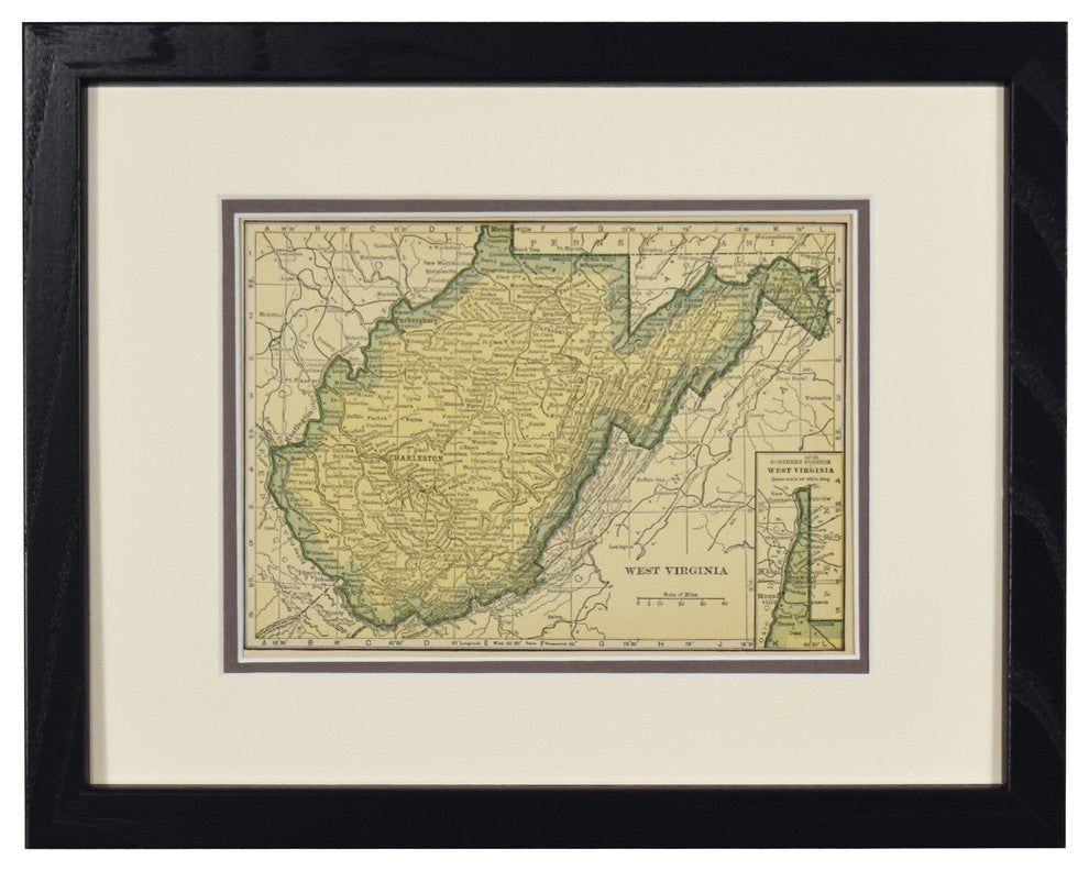 Vintage West Virginia Map, Framed WV State Map - Authentic 1920s