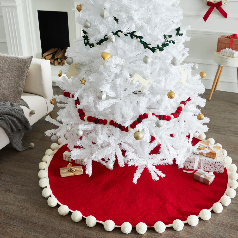 Handmade Christmas Tree Skirt in Felt, Pom Poms on Red, 63"