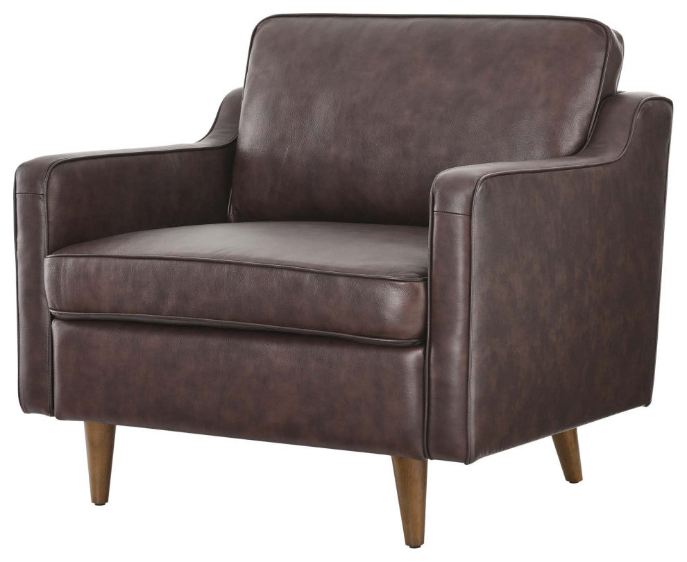 Armchair Accent Chair, Brown, Leather, French, Mid Century Hotel Lounge Cafe
