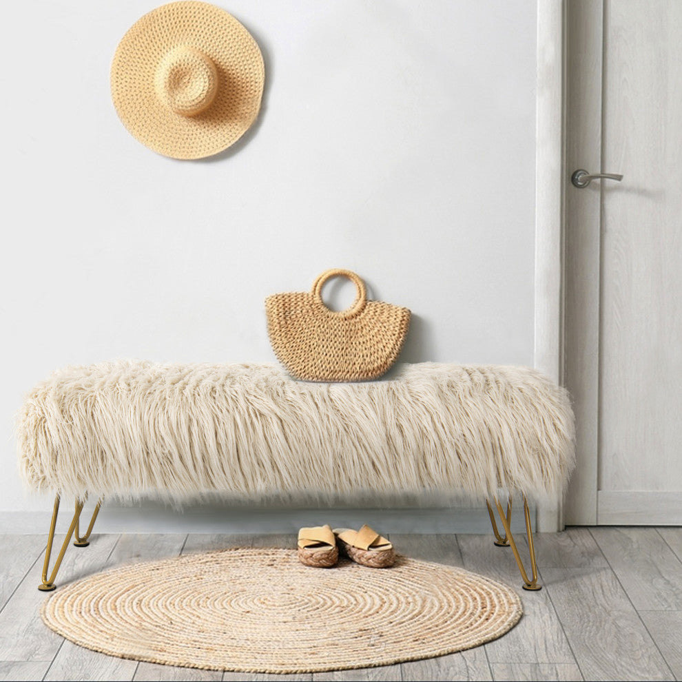 Mongolian Faux Fur Upholstered Ottoman Bench, Oatmeal, 46x16x22