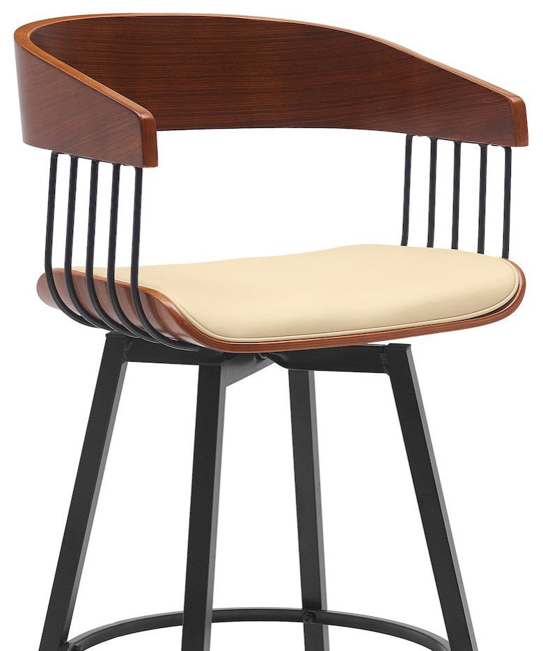 Athena Upholstered Wood Swivel Bar or Counter Stool with Black Metal