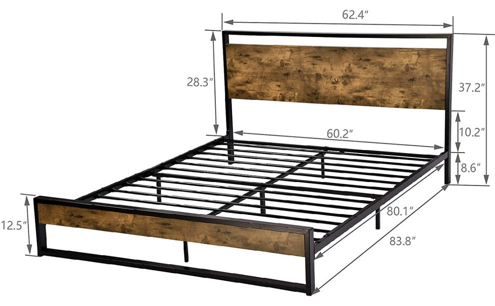 Queen Size Bed Frame with Industrial Wooden Headboard