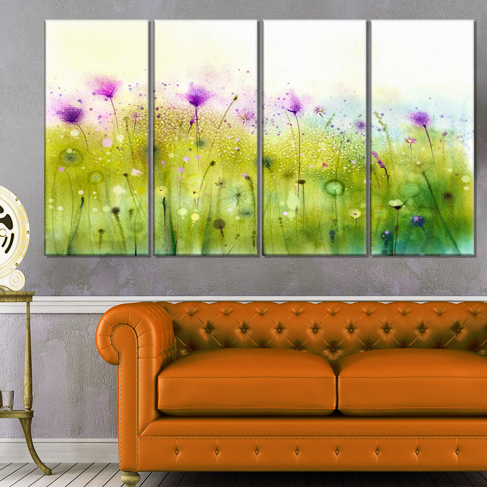 "Green Purple Abstract Cosmos of Flowers" Flower Wall Art, 4 Panels, 48"x28"