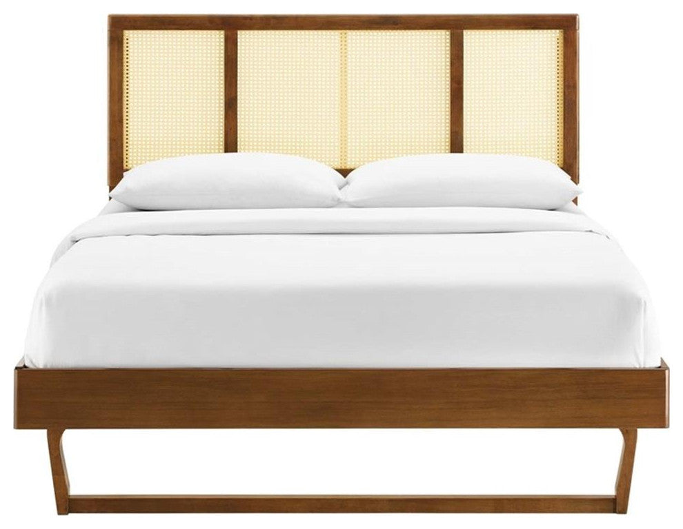 Kelsea Cane and Wood Full Platform Bed With Angular Legs Walnut