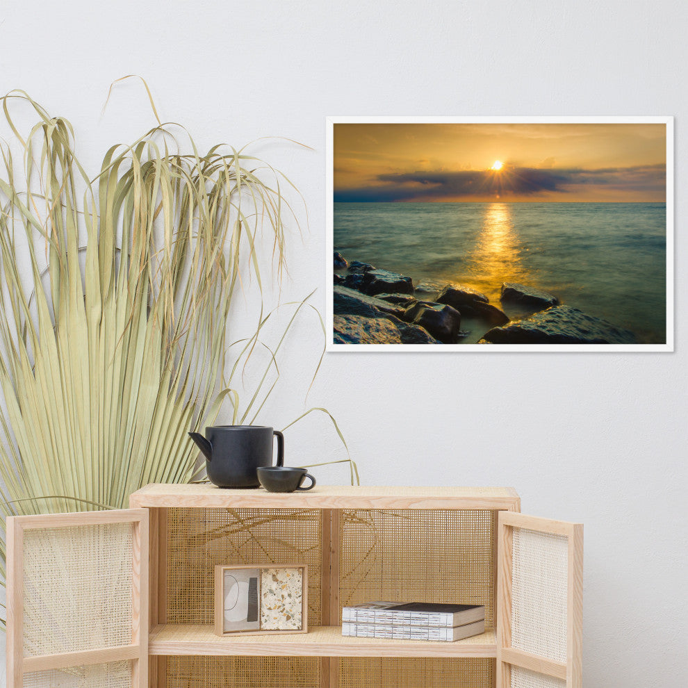 Sun Ray on the Water Coastal Landscape Framed Photo Paper Wall Art Print, White, 24" X 36"