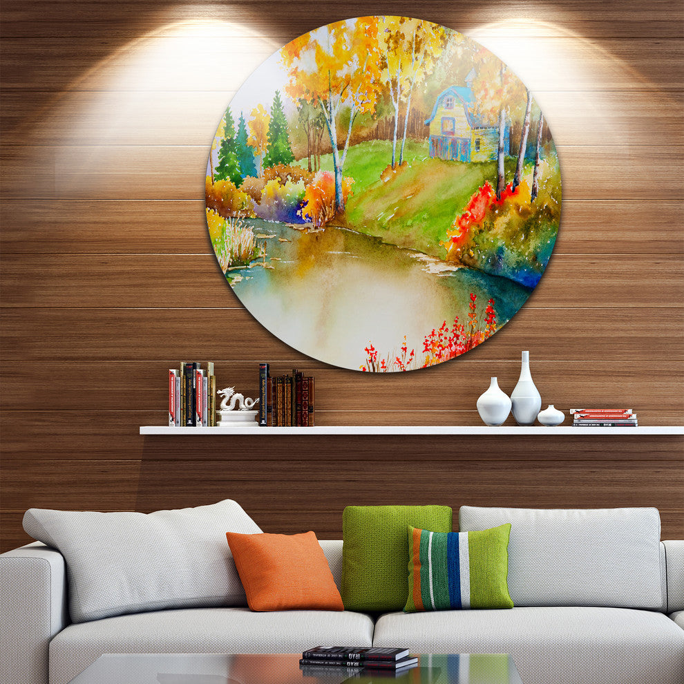 House And Quiet Pond In Fall, Landscape Round Metal Wall Art, 11"