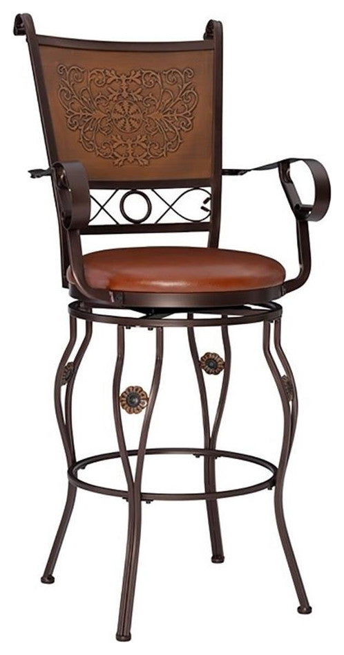 Bowery Hill 30" Traditional Metal/Faux Leather Swivel Bar Stool in Bronze