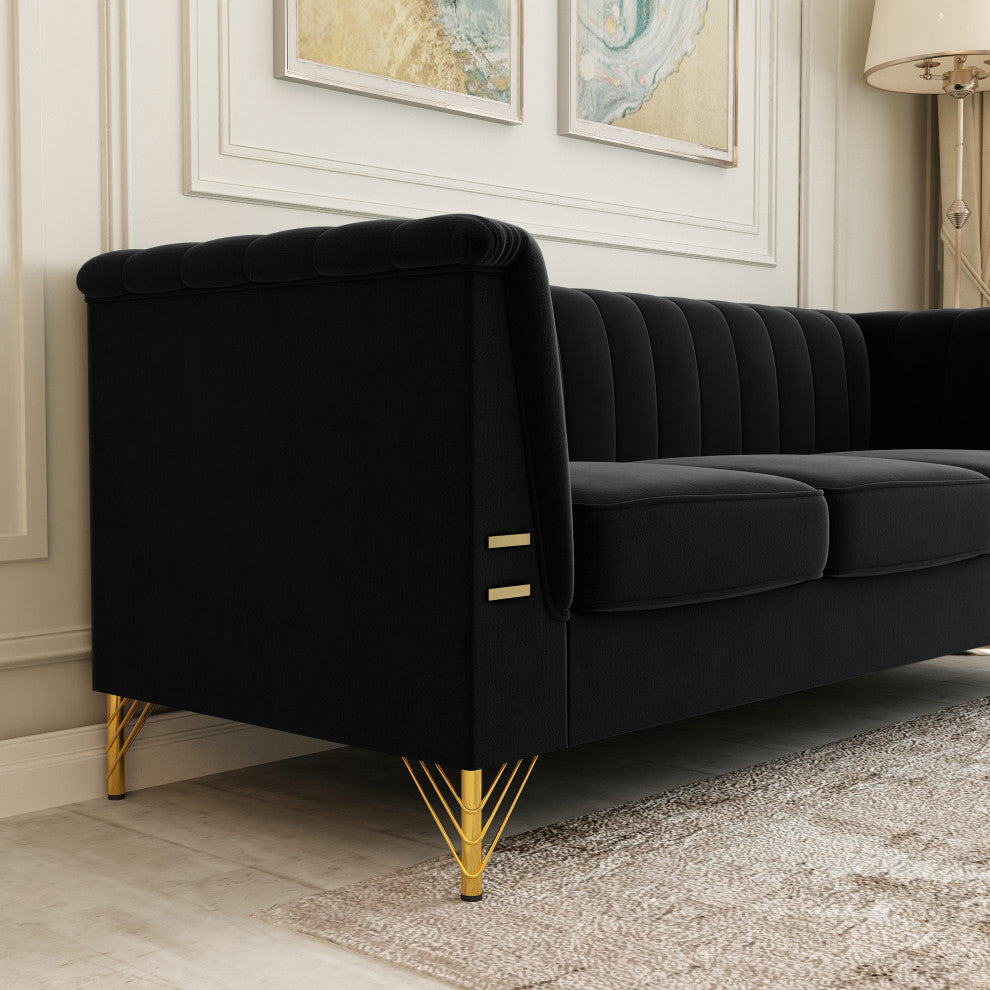 83.4'' Tuxedo Velvet Arm Sofa with Gold Leg, Black
