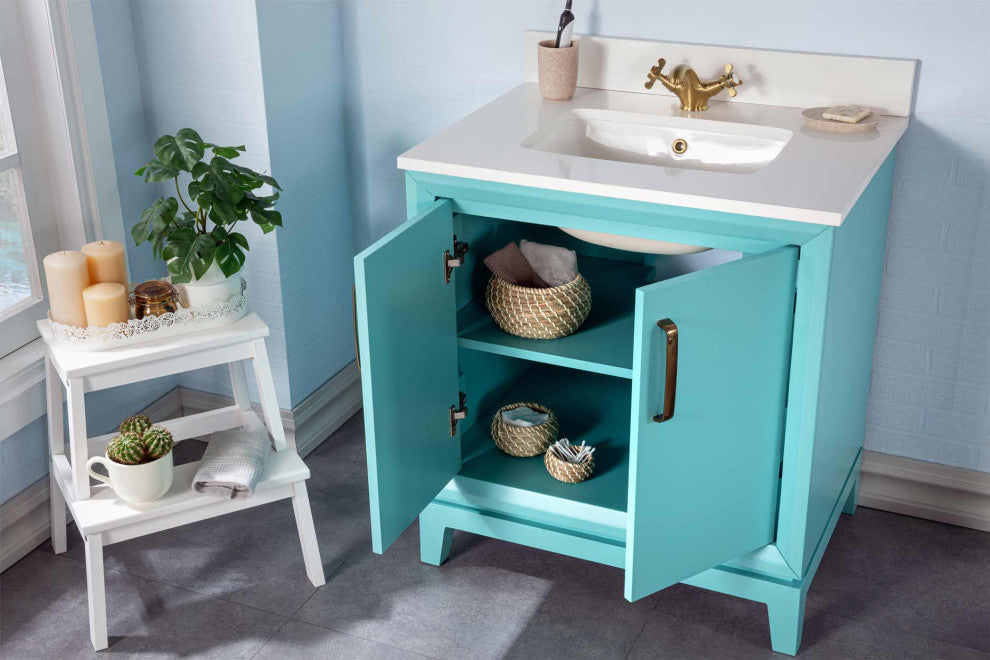 Fabia Collection 30" Bathroom Vanity With Sink, Mirror, Countertop, Turquoise