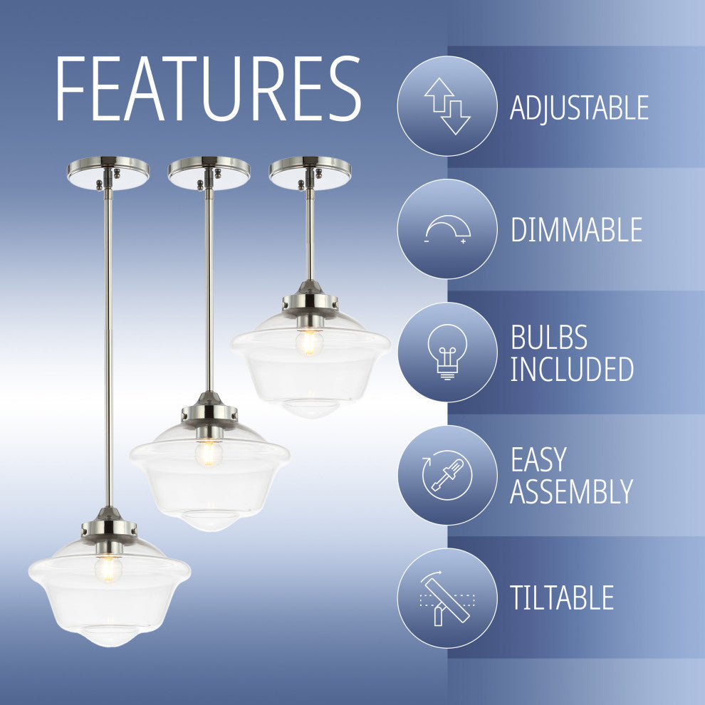 Kurtz Adjustable Drop Metal/Glass LED Pendant, Chrome, 9.5"w