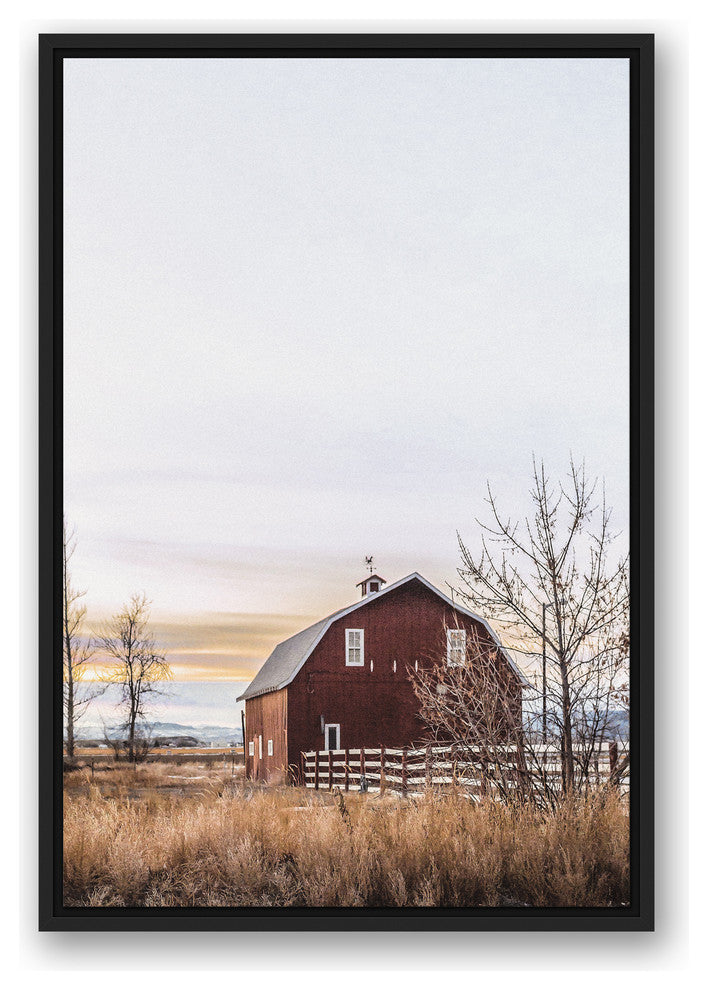Rustic Barn Sunrise 20x30 Black Floating Framed Canvas