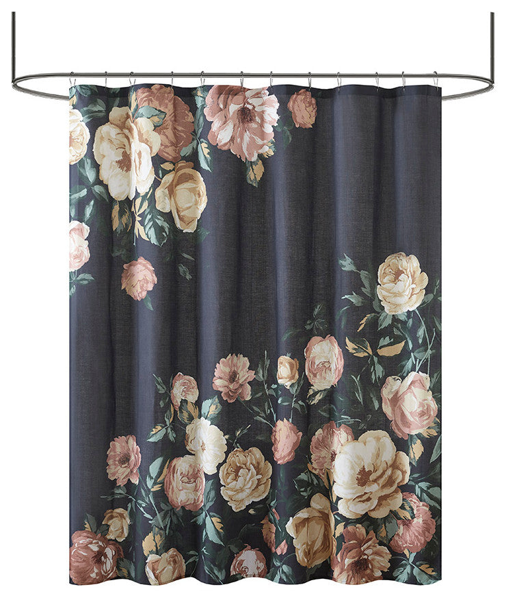 Madison Park Charisma Floral Cotton Boucle Slub Shower Curtain, Navy Blue
