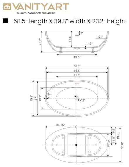 69" X 40" Acrylic Freestanding Soaking Bathtub With Air Bath System