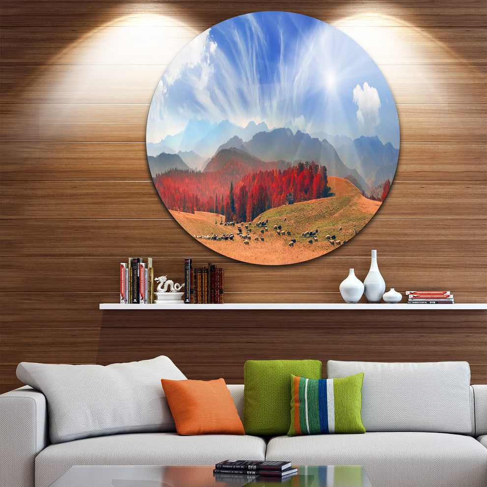Sheep Herd At Carpathians, Landscape Photo Disc Metal Artwork, 38"
