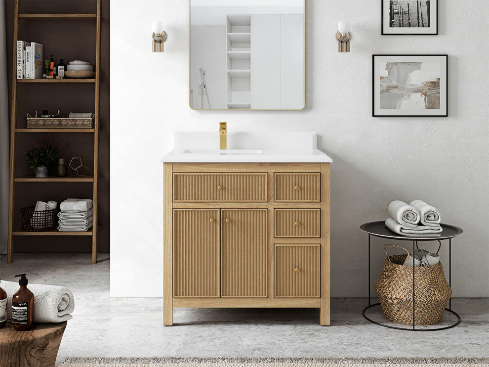 Sonoma 36 Left Offset Bath Vanity in Light Natural Teak with 1.5" White Quartz