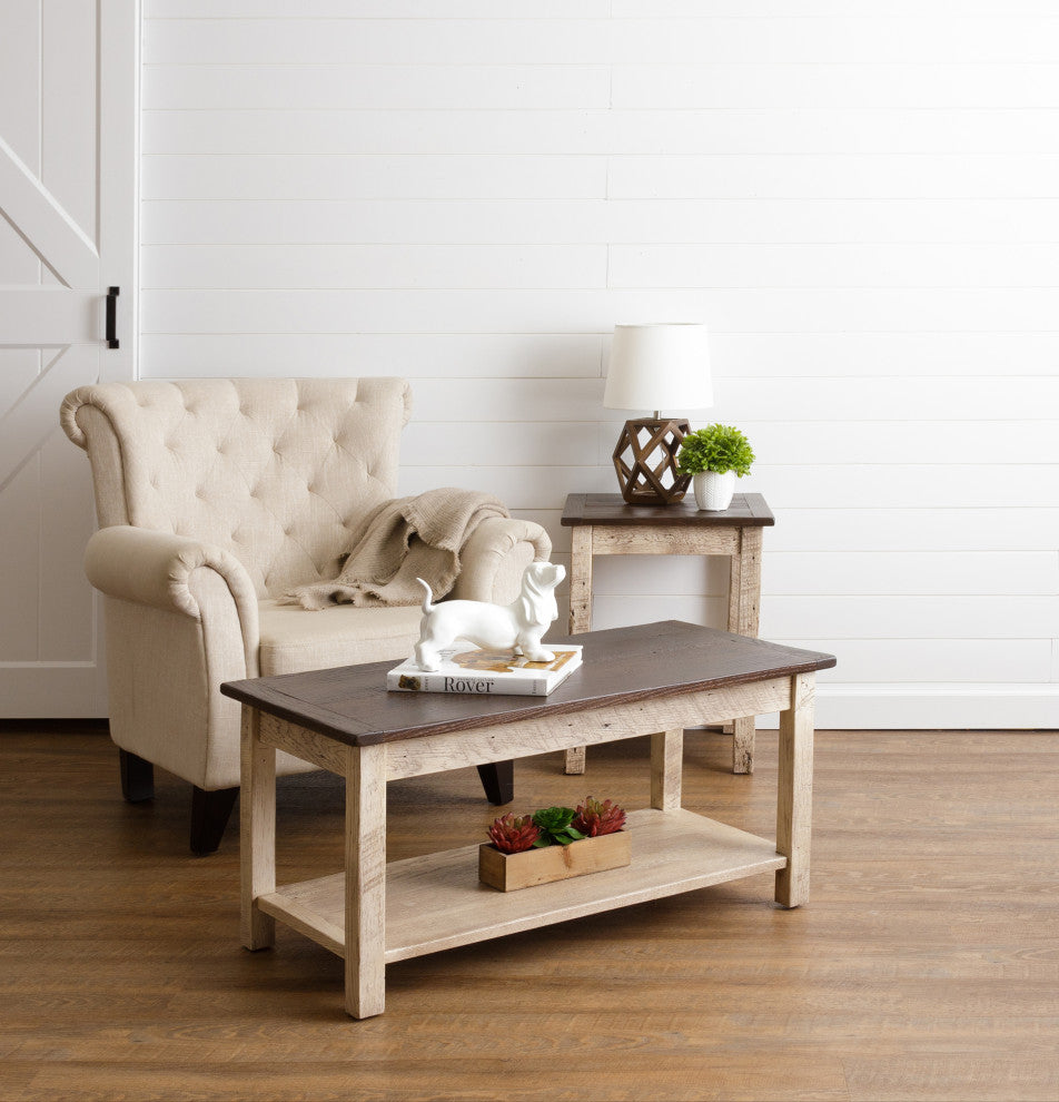 Oak Coffee Table With Square Legs, White with VanDyke Brown and Rich Tobacco