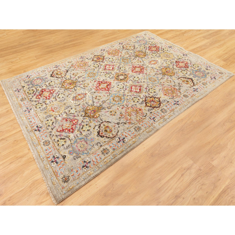 THE SUNSET ROSETTES Wool And Pure Silk Hand Knotted Oriental Rug, 6'1"x9'0"