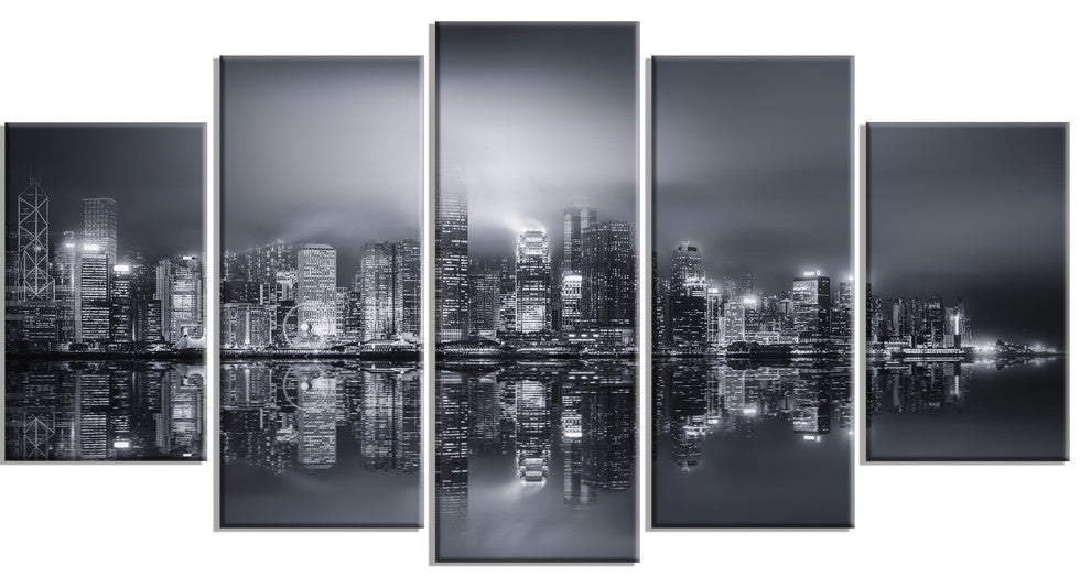 "Hong Kong Black And White Panorama" Cityscape Artwork Canvas, 5 Panels, 60"x32"