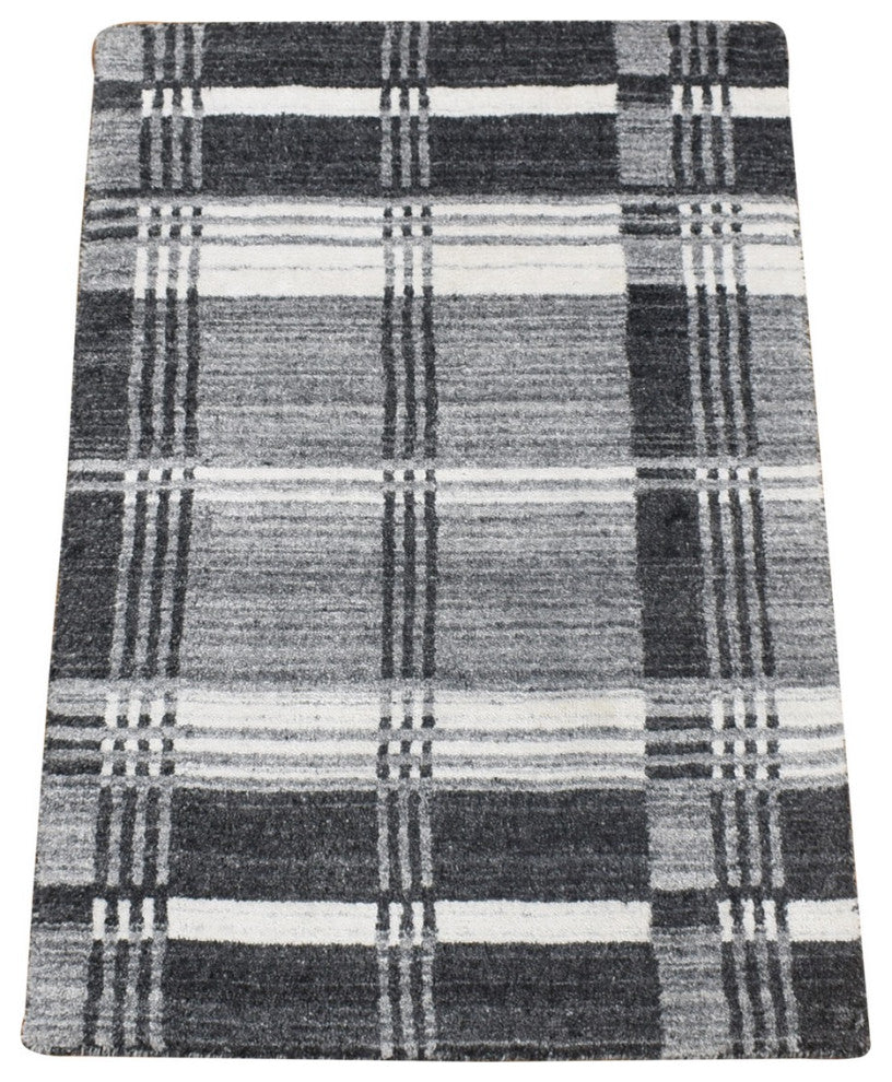 Charcoal Gray Modern Plaid Design Hand Loomed 100% Wool Oriental Rug 1'10"x2'10"