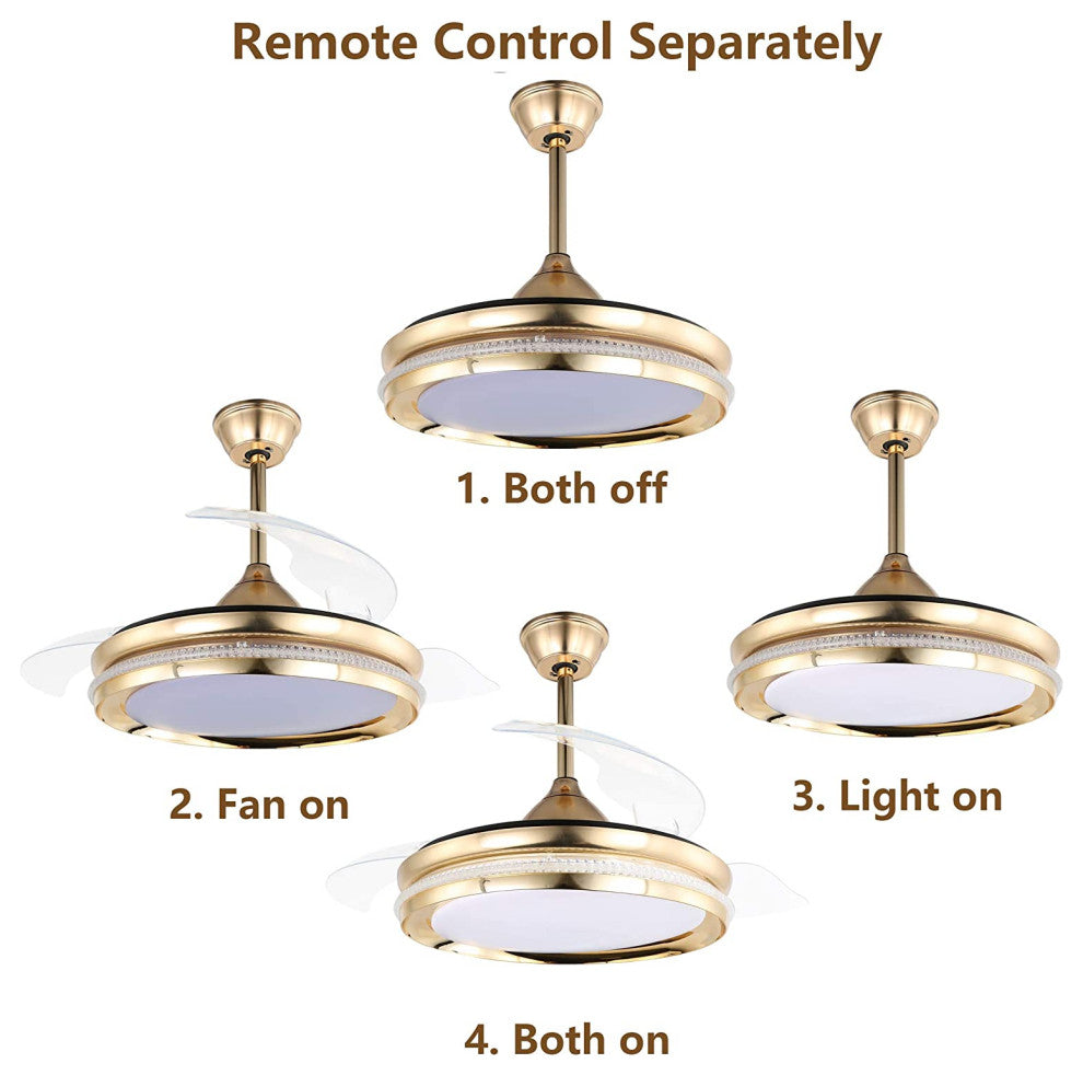 42" Modern Retractable Crystal Ceiling Fan with Remote Control and LED Light, French Gold