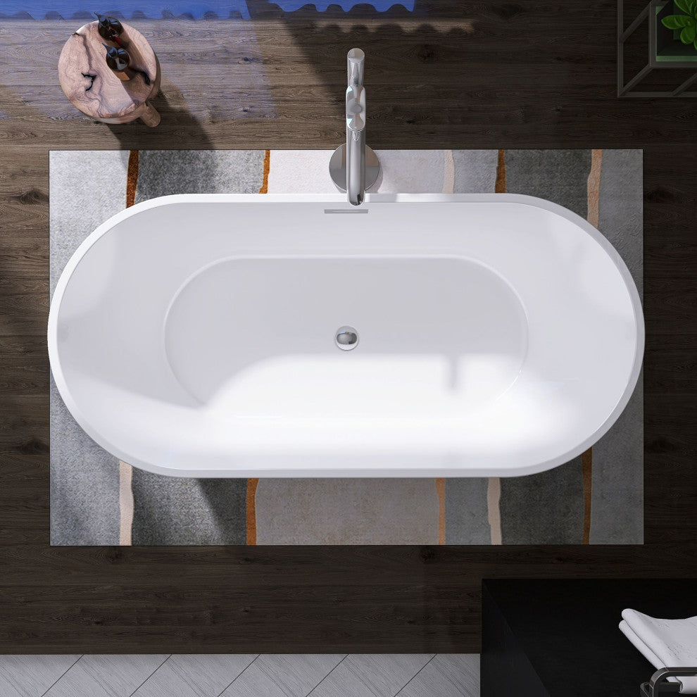 Oval Freestanding Acrylic Soaking Bathtub, Glossy White, 62"x30"