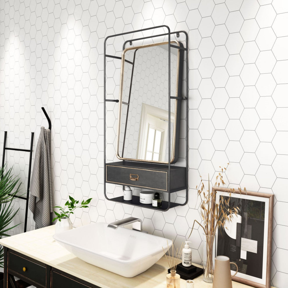 Frame Wall Mirror, Rectangular, Glass, Steel Metal, Black, Gold, Bedroom Living