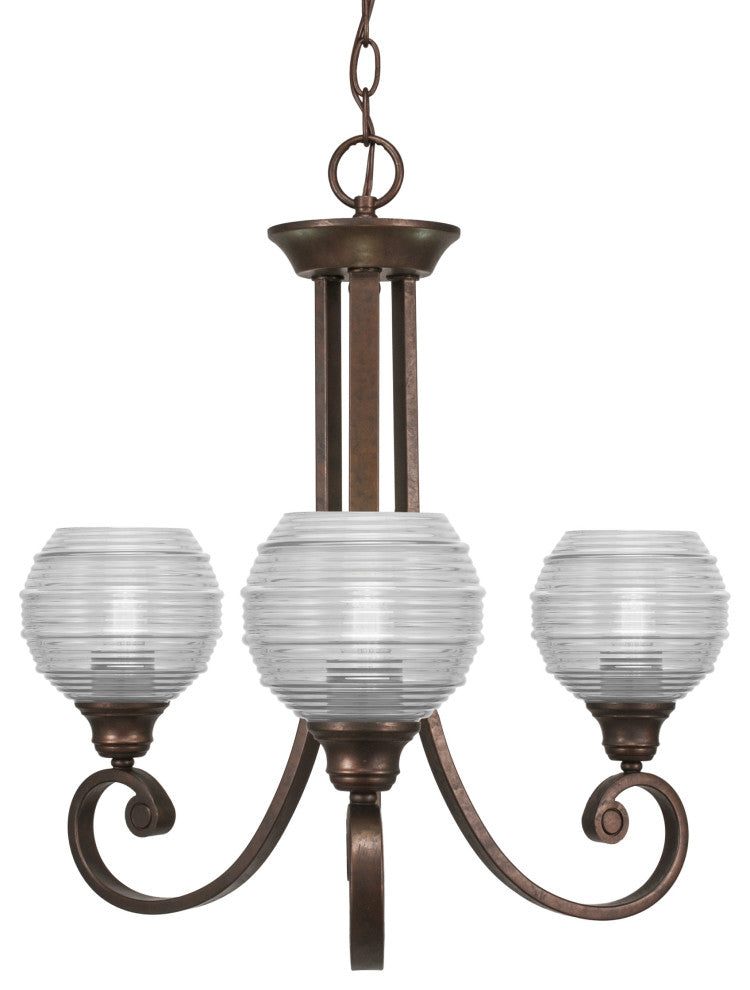 Curl Uplight, 3 Light, Chandelier Bronze Finish With 6" Clear Ribbed Glass