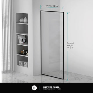 Single Fixed Glass Shower Panel - Clear Tempered Full Frame Shower Glass Door, Black, 34"