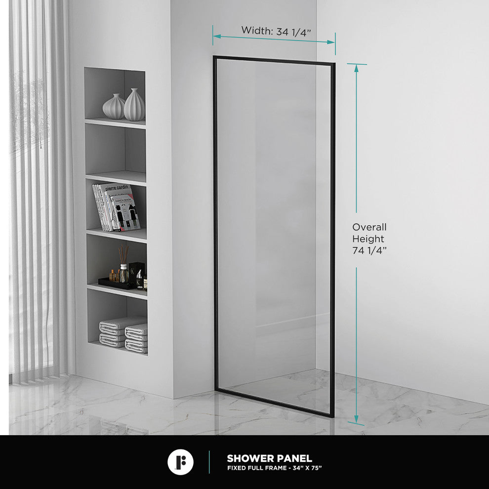 Single Fixed Glass Shower Panel - Clear Tempered Full Frame Shower Glass Door, Black, 34"