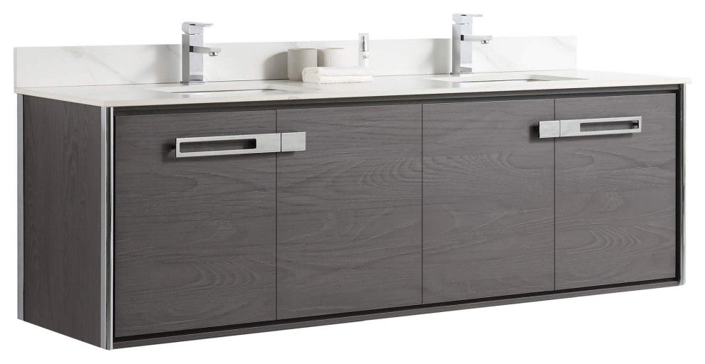 Oakville Wall Mount Bathroom Vanity, Black Coal Oak, 72", Chrome Hardware