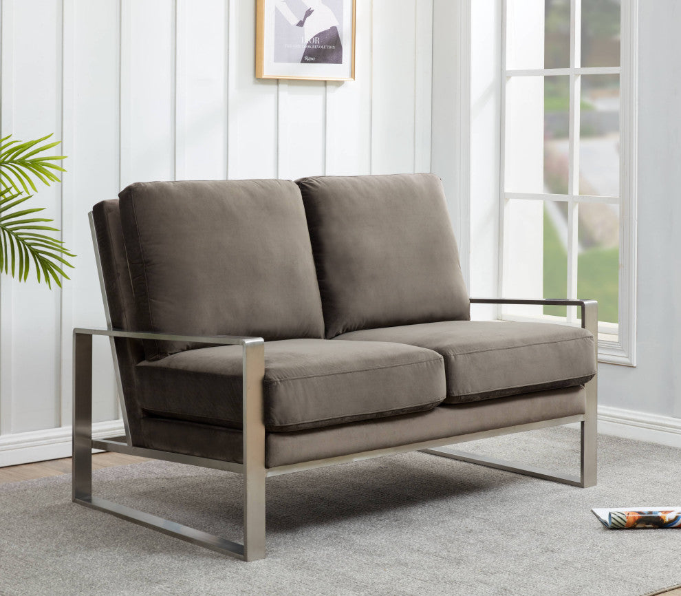 LeisureMod Jefferson Modern Design Velvet Loveseat With Silver Frame, Dark Gray