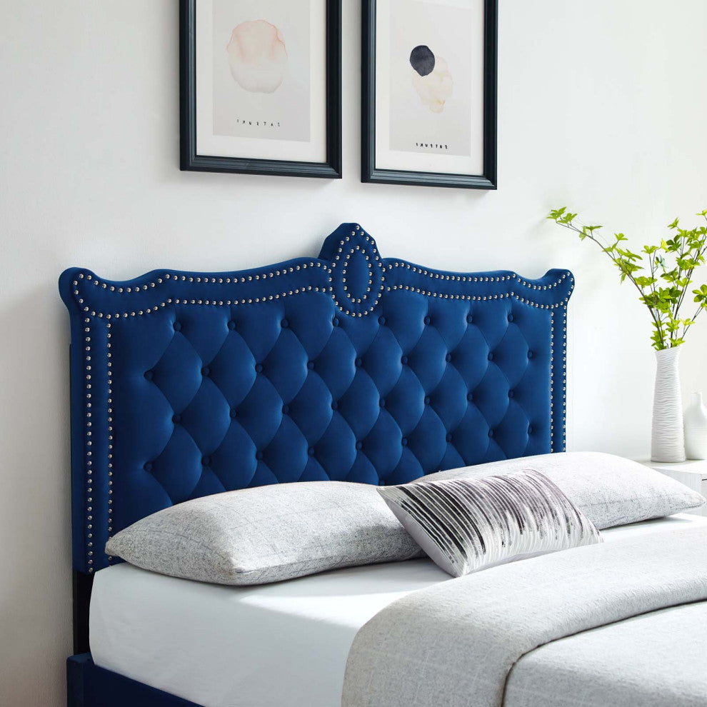 Tufted Headboard, Nailhead, Twin Size, Blue Navy, Velvet, Modern, Guest Suite