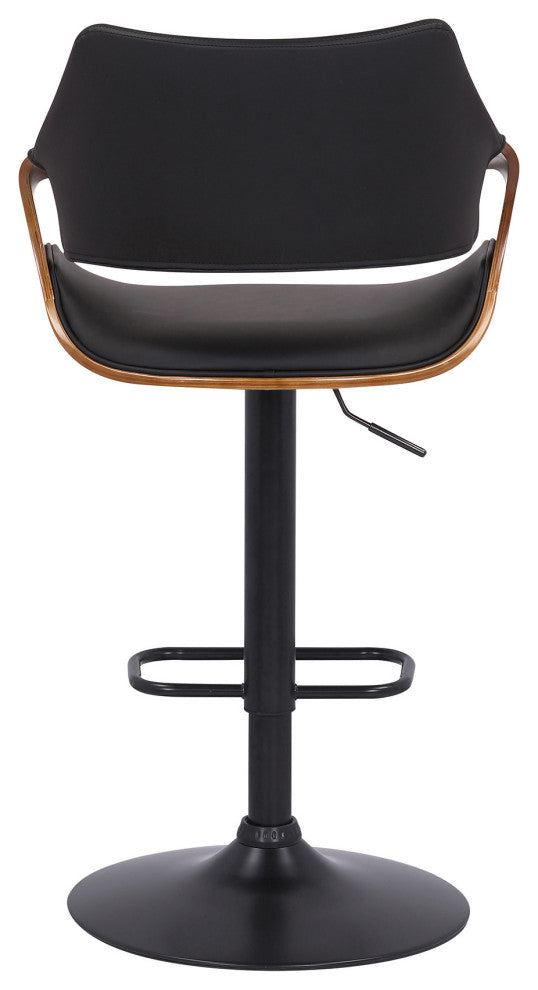 Black Faux Leather and Walnut Wood and Black Swivel Adjustable Bar Stool